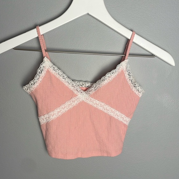 Aeropostale Pink/White Crisscross Lace-Trim Cropped Cami Adjustable Straps | XS - Picture 2 of 6